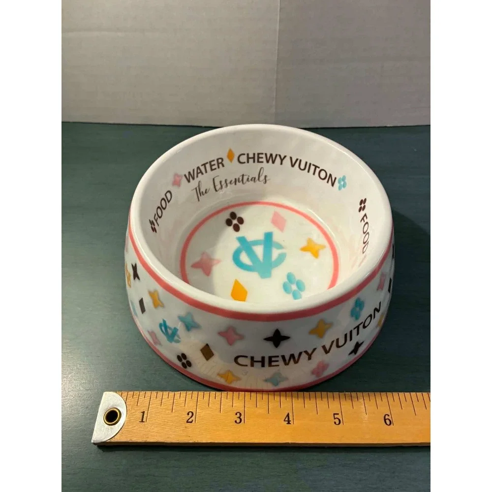 Haute Diggity Dog Chewy Vuiton Ceramic Pet Bowl Medium White Pink Food Water